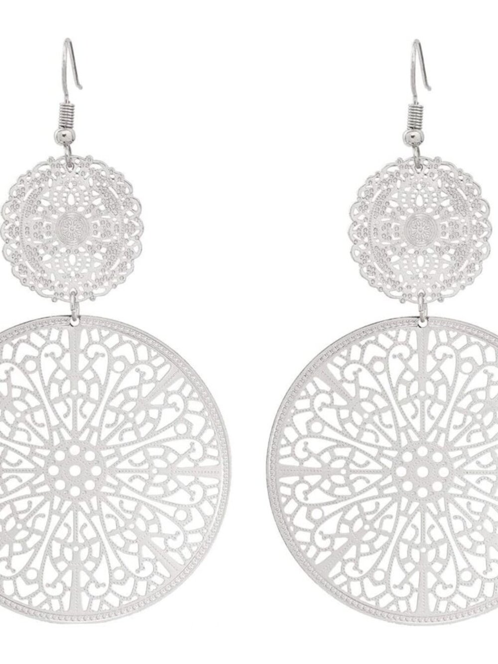 Filigree Disc Drop Earrings Double Round Disc Statement Earrings Metallic Brass